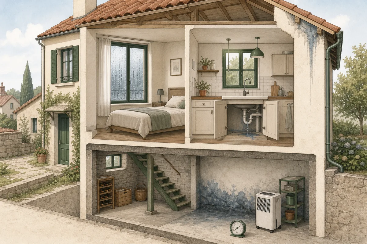 Coupe pédagogique d'une maison montrant condensation, fuite sous évier, mur de cave humide et infiltration de toiture